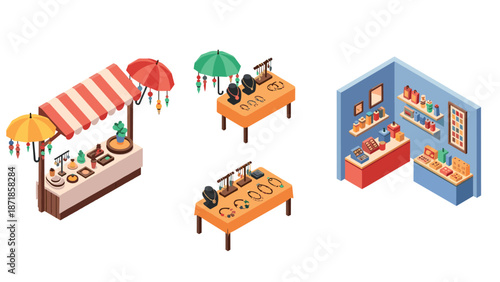 Isometric market stalls with accessories and food displays in cozy retail environment