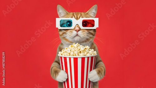Funny cat wearing 3D glasses eating popcorn