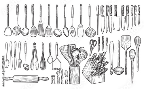 Hand drawn utensils line art set with spoons, knives, spatulas, whisks and cutlery tools isolated on white background