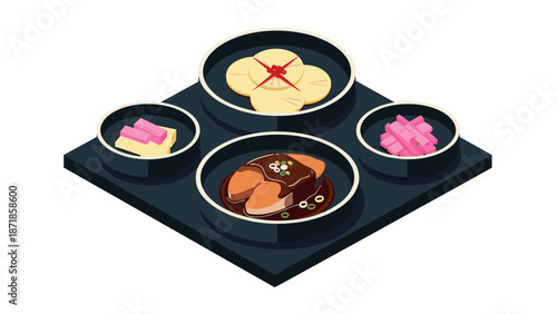 Isometric japanese cuisine with ramen and side dishes on dark tray