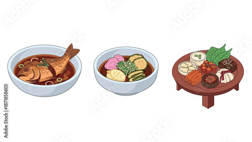 Delicious flat style asian cuisine: fish soup, ramen, and sushi platter on wooden table