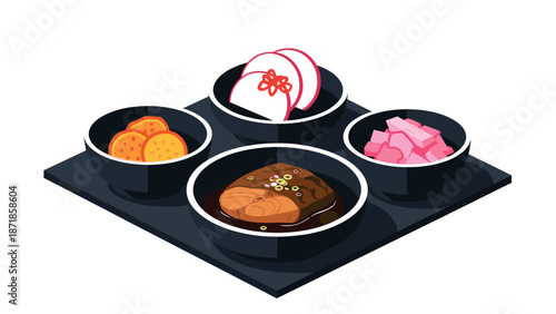 Isometric japanese cuisine: radish, tofu, sweet potato, and braised pork