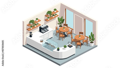 Cozy isometric cafe interior with plants and furniture