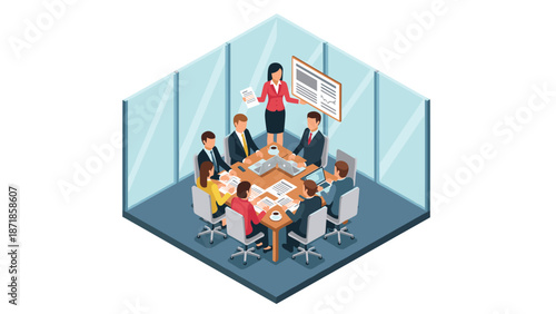 Team meeting in modern office setting with professional presentation