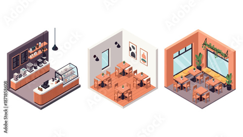 Modern isometric coffee shop interiors with cozy seating and stylish decor