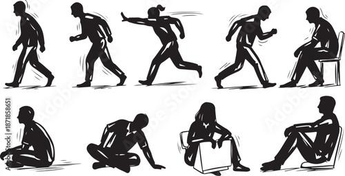 Silhouette illustrations of people in various poses and actions