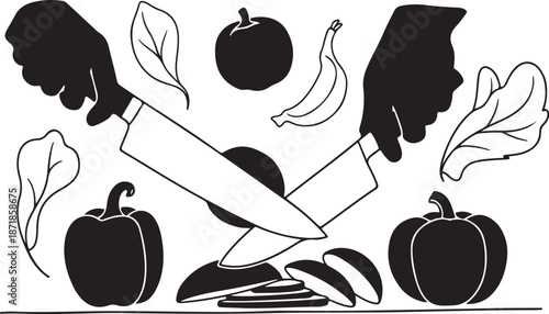 Hands cutting vegetables with a large knife illustration