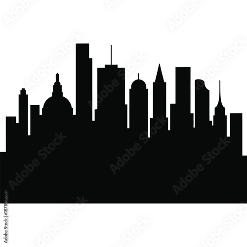 Silhouette of a city skyline against a plain white background