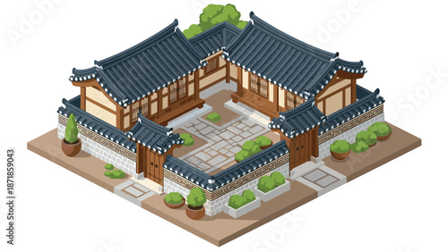 Traditional korean hanok house isometric design featuring courtyard and garden elements