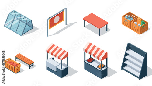 Isometric market elements: booths, baskets, and stands for vibrant retail scenes