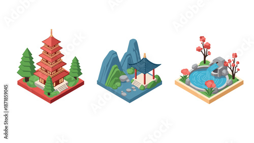 Isometric asian landscapes: pagoda, mountains, garden in vibrant colors