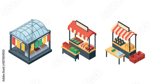 Isometric market stalls: fresh produce and goods in open-air booths