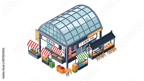 Isometric korean market with stalls and glass roof architecture