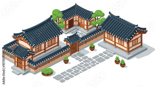 Traditional korean hanok houses with courtyard in isometric view