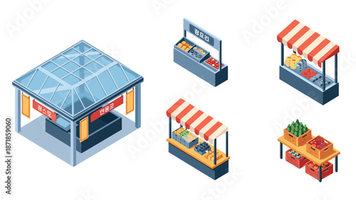 Isometric market stalls and kiosk set with glass roof and red awnings