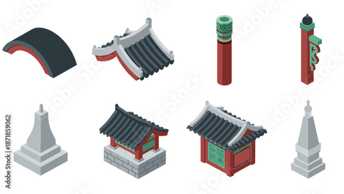 Traditional korean architecture elements in isometric style featuring roofs and monuments