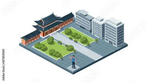 Isometric cityscape with traditional and modern architecture
