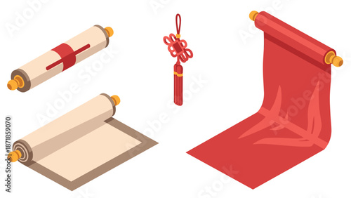 Traditional chinese scrolls and knot decorations on white background