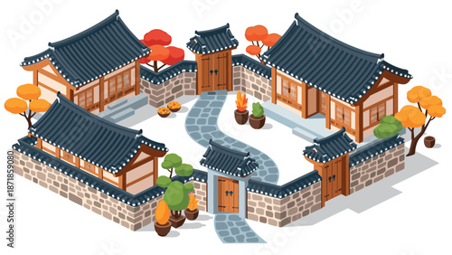 Traditional korean village with autumn trees and stone path in isometric design