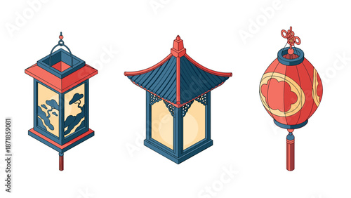 Traditional asian lanterns collection in isometric style for festive decor