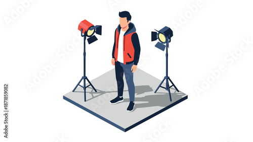 Person standing between studio lights on minimal isometric platform