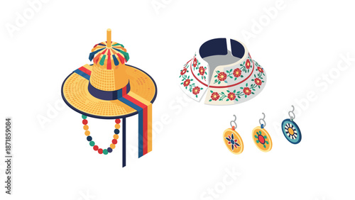 Traditional colombian hat and accessories in isometric style