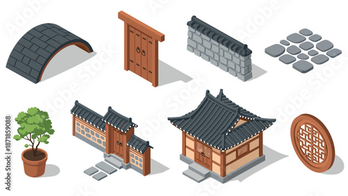 Traditional korean architecture set in isometric style featuring gate, roof, and garden elements