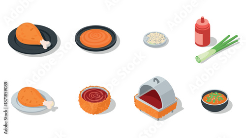 Isometric fast food icons: chicken leg, sauces, seasonings, and garnishes