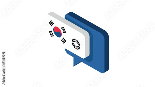 Isometric speech bubble with south korean flag emblem on clean white background
