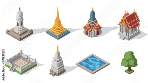Isometric landmark icons of southeast asian architecture and nature elements