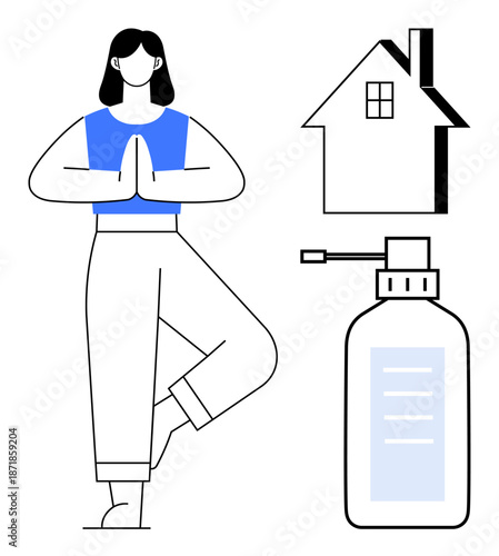 Health, mindfulness, home wellness, self-care, hygiene practices, fitness balance. Woman in yoga pose, house and sanitizer bottle. Health and mindfulness personal care and hygiene ideas