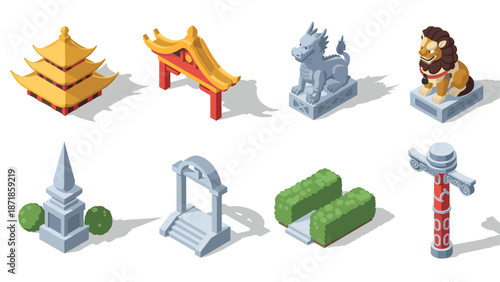 Isometric asian architecture and sculpture icons: temples, statues, shrubs, arches