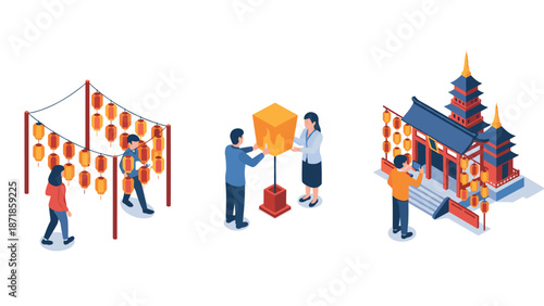 Isometric festival scene with lanterns and traditional architecture
