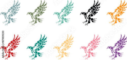 Dot art eagle silhouettes in flight, Mosaic bird of prey shapes in bright colors