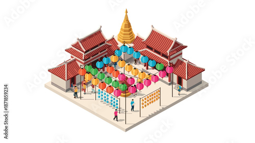 Isometric view of a traditional asian temple with colorful lanterns