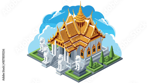 Isometric thai temple with golden roof and stone statues surrounded by clouds