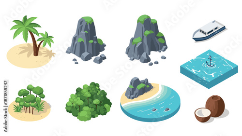 Tropical island elements set in isometric style with nature and travel icons