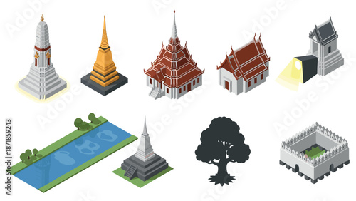 Isometric asian temple architecture with nature elements