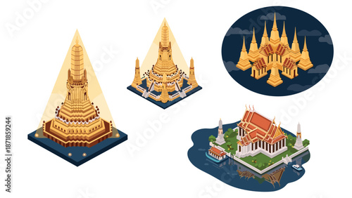 Isometric thai temples collection featuring iconic golden stupas