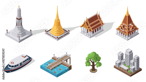 Isometric thailand landmarks and icons including temples and architecture