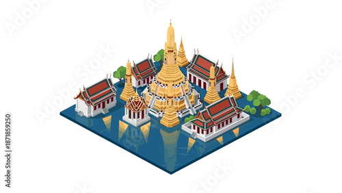 Isometric wat phra kaew temple complex with reflections on water