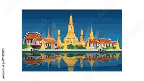 Colorful skyline of wat arun temple at night with reflection on chao phraya river in bangkok