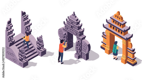 Isometric asian temples with tourists exploring iconic architecture