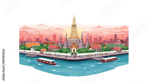 Scenic view of the temple of dawn by the river at sunset with city skyline