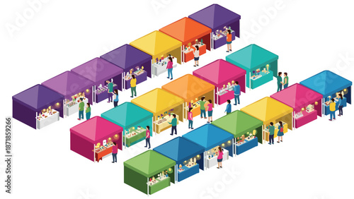 Colorful isometric market stalls with people shopping in a vibrant outdoor bazaar