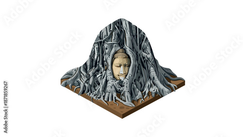 Buddha face in tree roots isometric art depicting serene ancient thai landscape and spiritual harmony