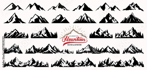 Mountain silhouette collection with pine or christmas tree. Forest camping or hiking symbol idea. Nature landscape line art with hill peak for summer travel business. Mountain logo, icon or background