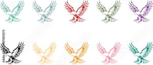 Dot art eagle silhouettes in rows, Mosaic bird of prey icons