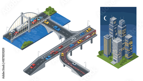 Isometric urban scene with bridges and nighttime skyscrapers