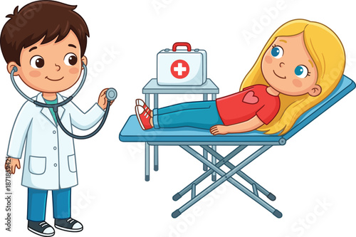 Cute cartoon child doctor examining girl patient on medical bed, pediatric healthcare illustration, kids hospital checkup scene, flat vector style, friendly healthcare concept